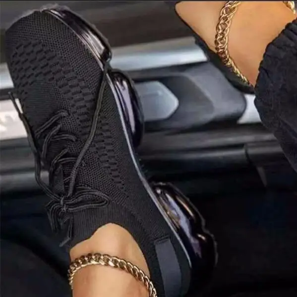 

Women Sneakers 2021 Woman Vulcanized Women's Fashion Knitted Platform Ladies Comfortable Mid Heels Female Sock Shoes Plus Size
