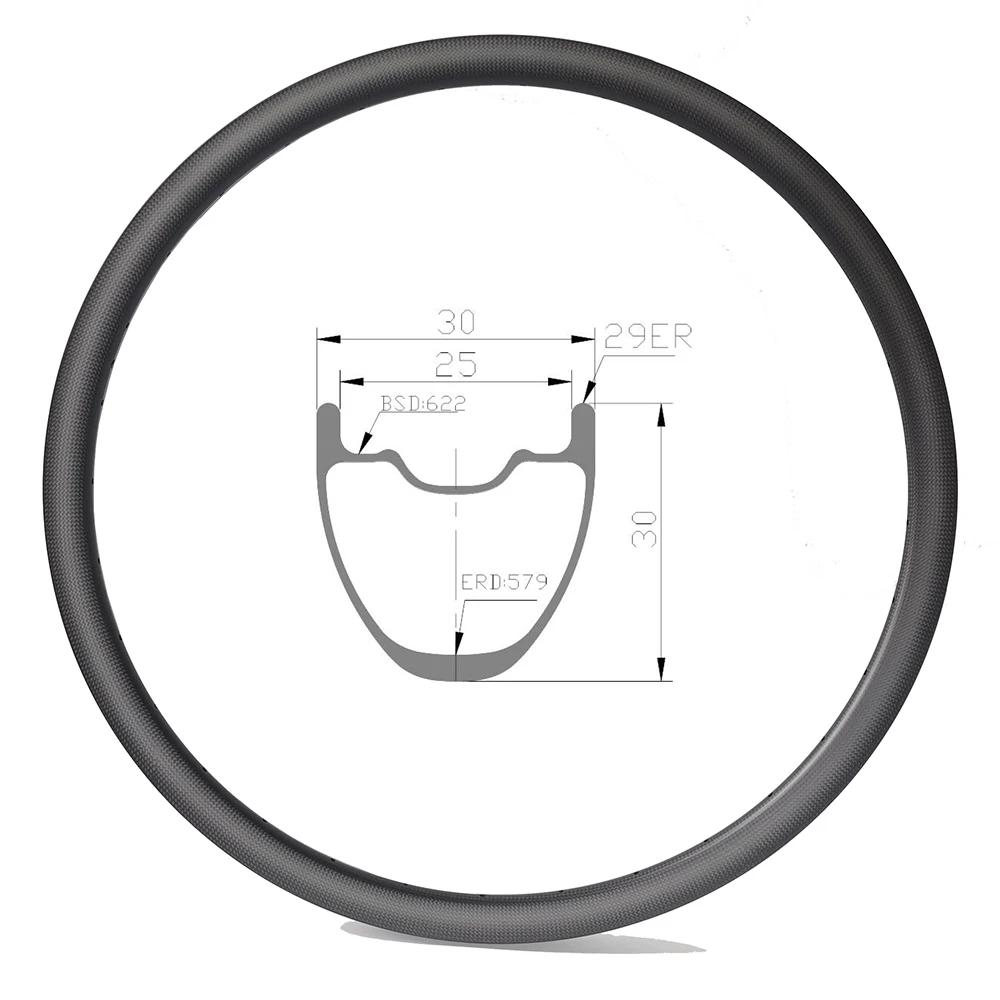 

29er MTB Bike Carbon Rim 30mm Depth 30mm Width Clincher Tubeless Disc 24H 28H 32H UD 3K 12K Matte Glossy for XC Bicycle Wheel