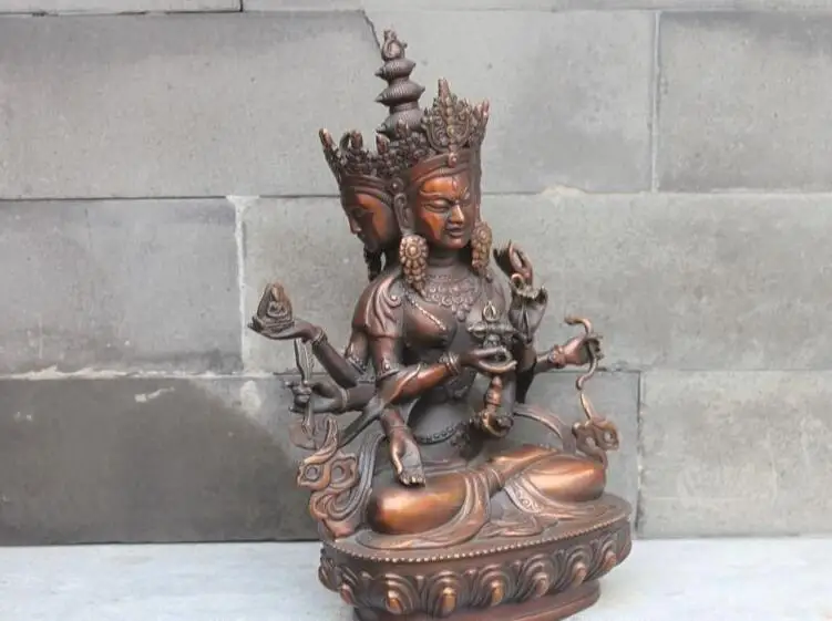 Тибетская красная Бронзовая статуя Будды с 3 головами и 8 руками Ushnishavijaya Namgyalma