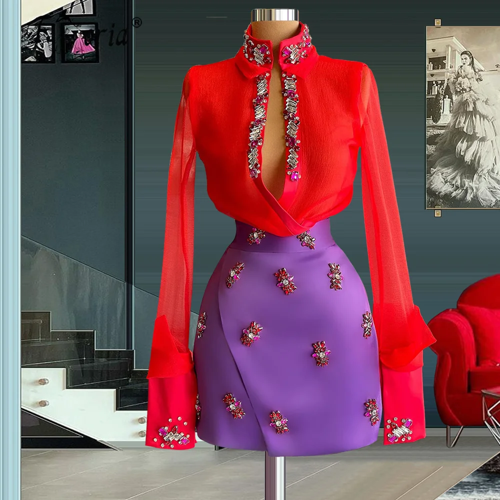 

Женский осенний костюм-двойка, блузка из органзы с длинным рукавом и юбка, украшенная бисером