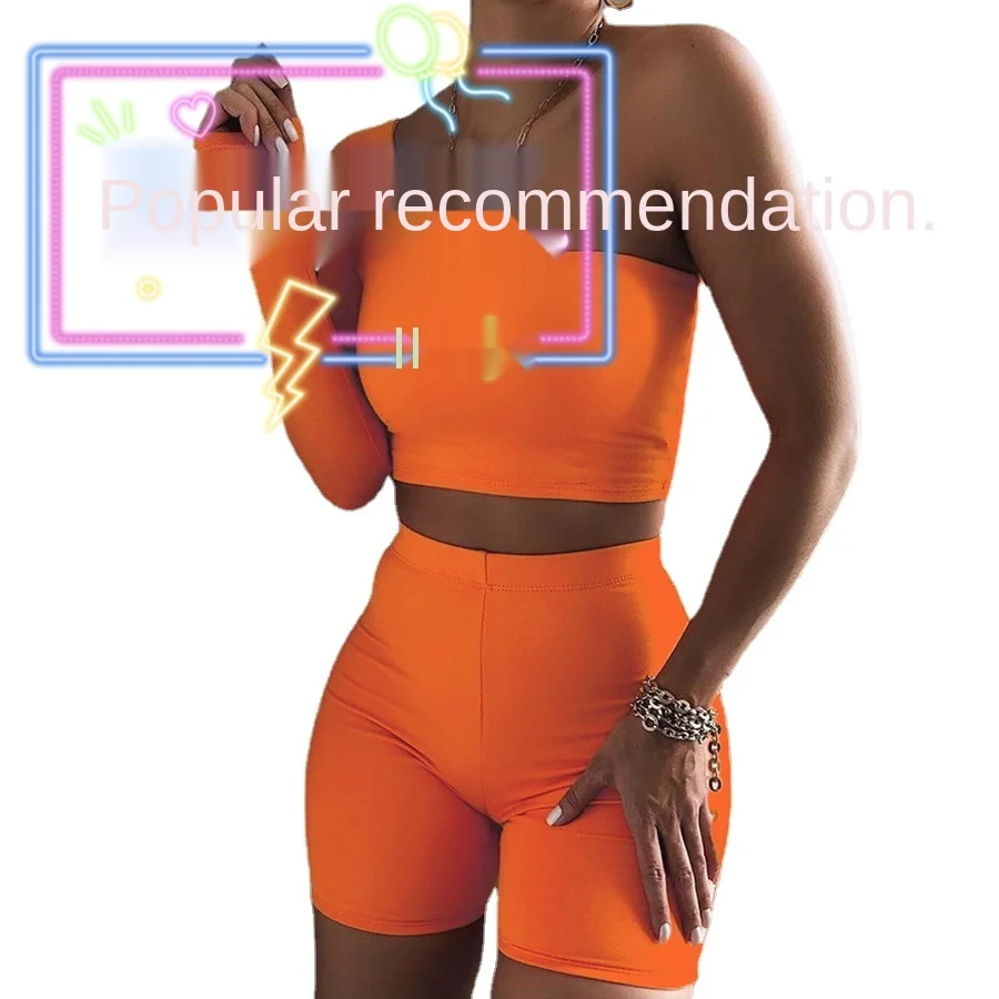 

Solid Asymmetrical Two Piece Sets Women Tracksuit Crop Tops+Elastic Bike Shorts Sporty Matching Suits Casual Female Outfit