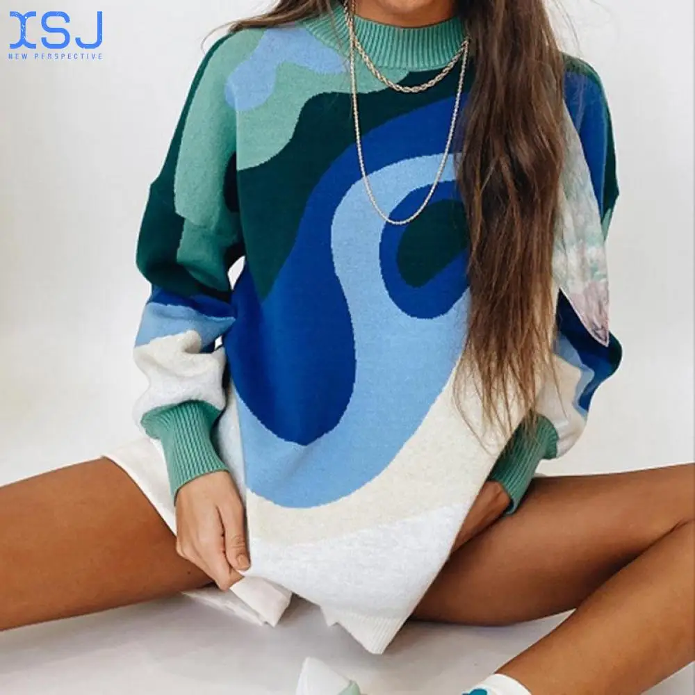 

Autumn and Winter New Irregular Geometry Color Matching Round Neck Long Sleeve Loose Large Knitted Sweater