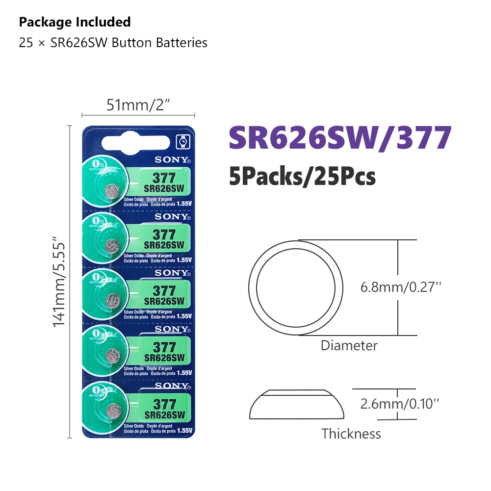 25 шт. SONY батарея монетного типа для часов 1 55 V AG4 377A 377 LR626 SR626SW SR66 Кнопочная