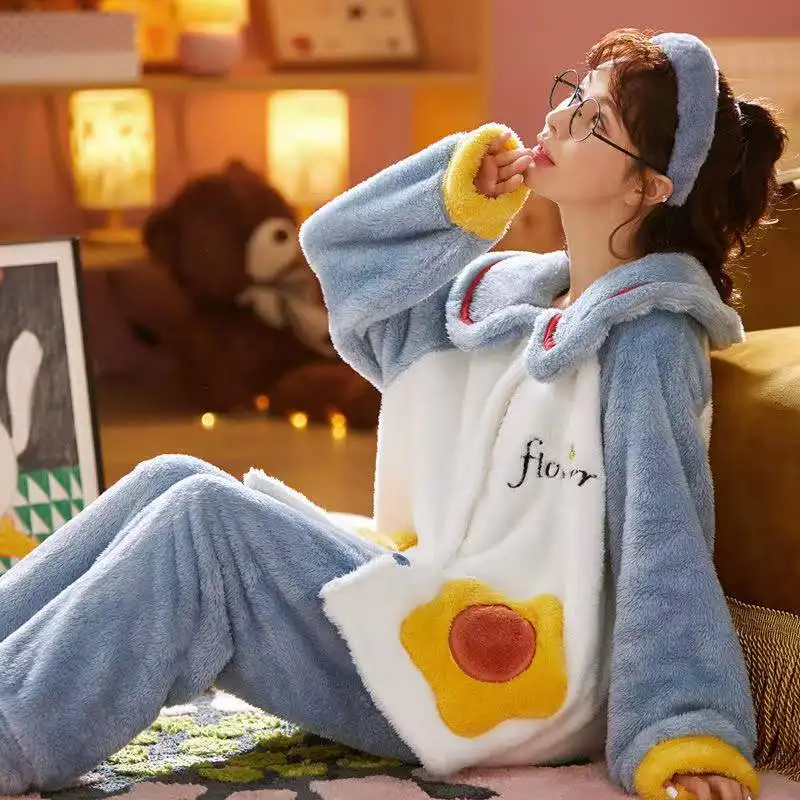 Pyjamas Women Winter Flannel Pajamas Sets Thick Warm Long Sleeve Full Trousers Two Pieces Homewear Home Nightie