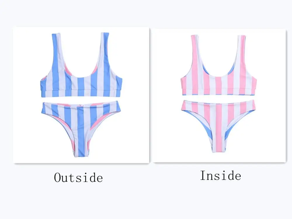 blue pink Belleziva, женский сексуальный купальник, с глубоким вырезом, двухсторонний, носимый, в полоску, женский бикини, набор, пляжный купальник, пуш-ап, купальник, бикини - Цвет: blue pink