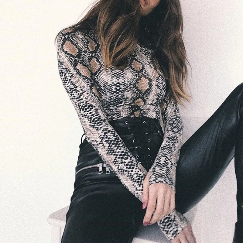 

Pop Women Snake Skin Grain Long Sleeve High Neck Bodysuits Autumn Fashion Sexy Jumpsuit Pop 88