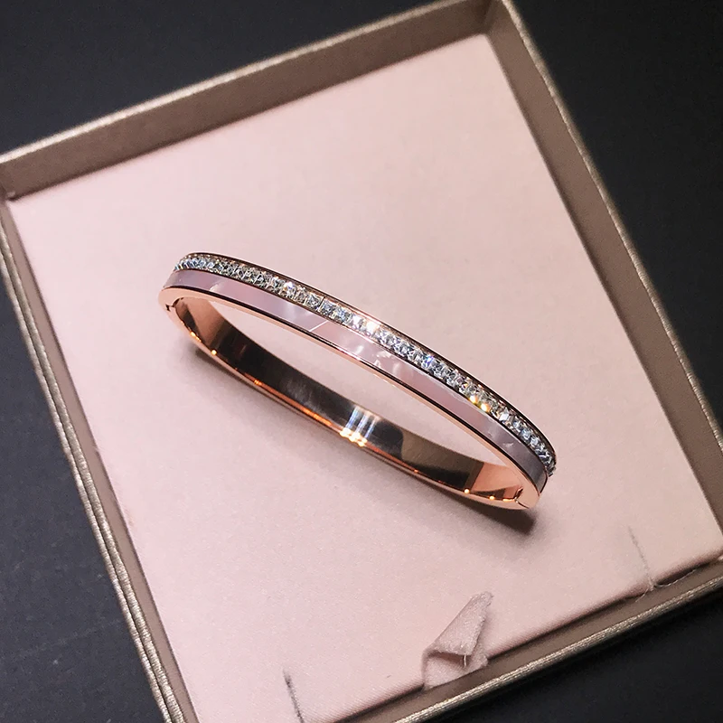 

YUN RUO Fashion Pave Zircon Natural Shell Bangle Rose Gold Color Titanium Steel Jewelry Woman Birthday Gift Never Fade Drop Ship