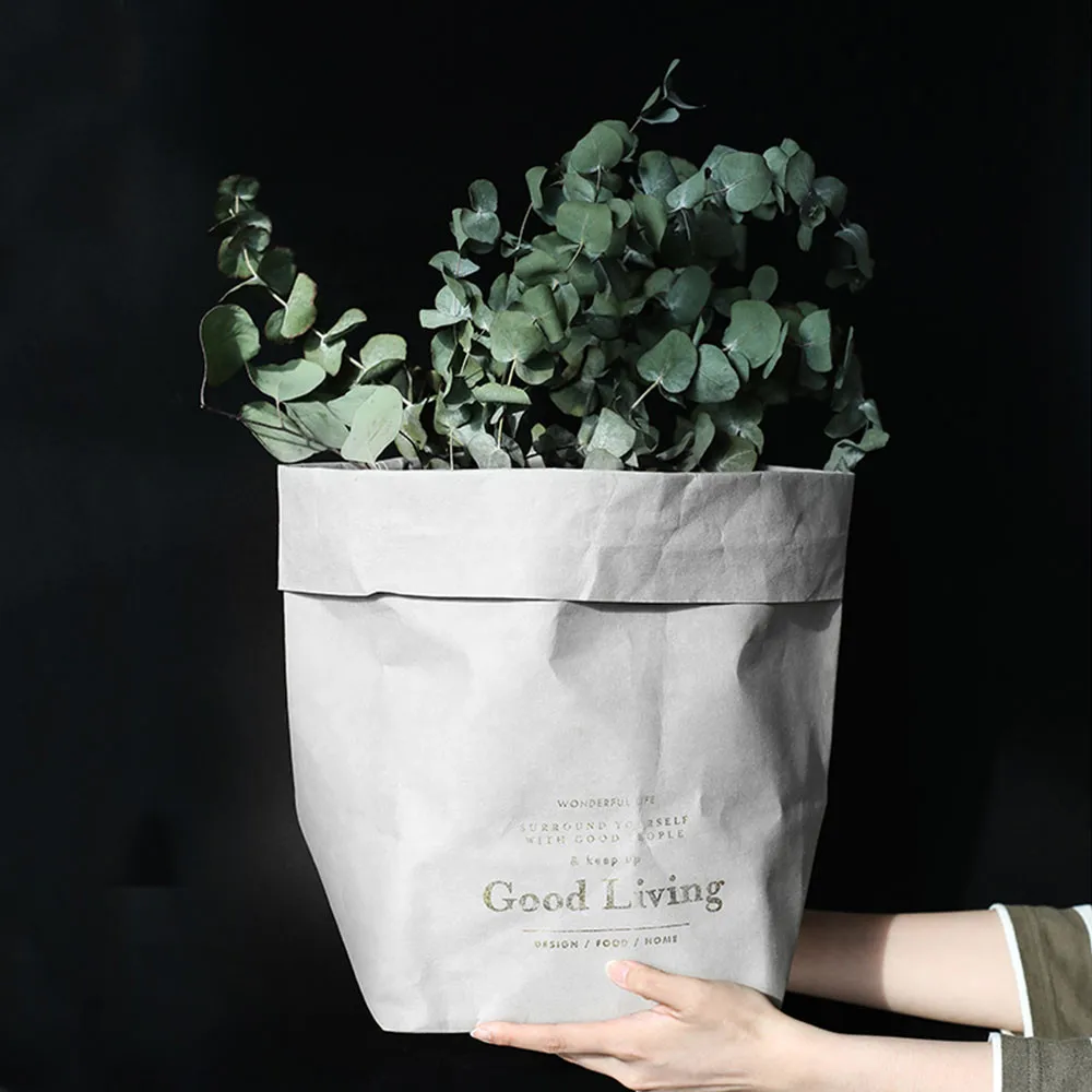 Черная моющаяся сумка для хранения из крафт бумаги серый складной цветочный