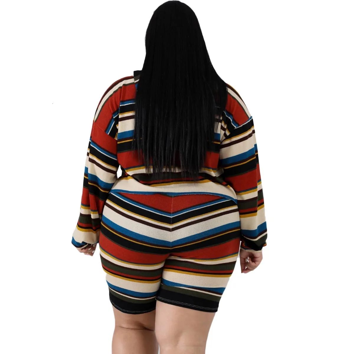Комплект из двух предметов в полоску размера плюс 2xl~ 6xl, Женский Осенний топ с капюшоном и длинными рукавами и шорты, спортивные костюмы, спортивный костюм, элегантная одежда