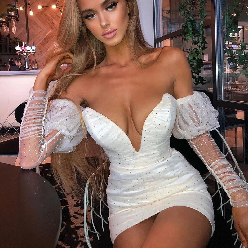 

Vestido de verano de fiesta Mini de malla blanca con lentejuelas, escote