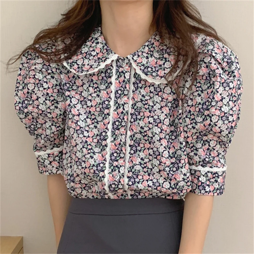 

Loose Florals Slim Office Lady Stylish Vintage Femme Summer All Match 2021 Lace Shirts Casual Chic Brief Blouses