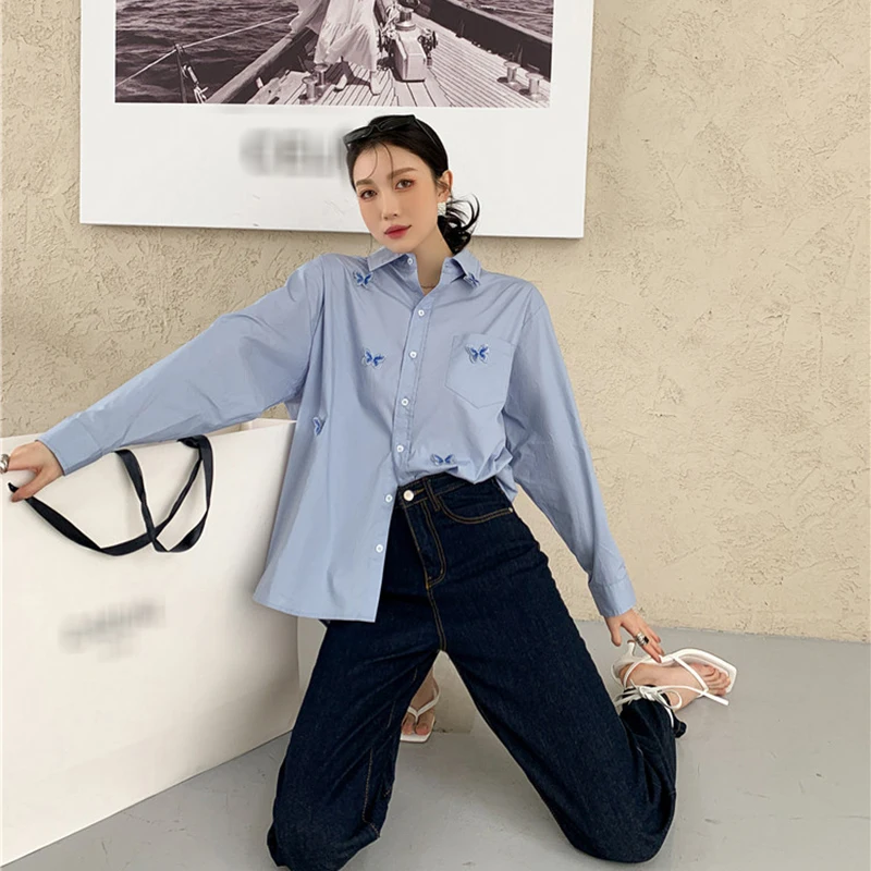 

XIZIHUPAN Embroidery Animal Blue Shirt Lapel Long Sleeve Button Designer Solid Blouse Female New Clothing 2021 Spring Fashion