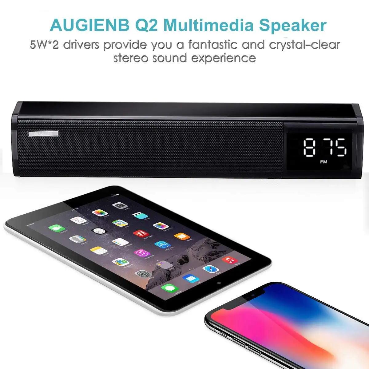 AUGIENB Q2 беспроводной Bluetooth 5,0 Саундбар стерео динамик металлический портативный громкий динамик Настольный автомобиль Handfree звуковая полоса TF USB AUX-IN