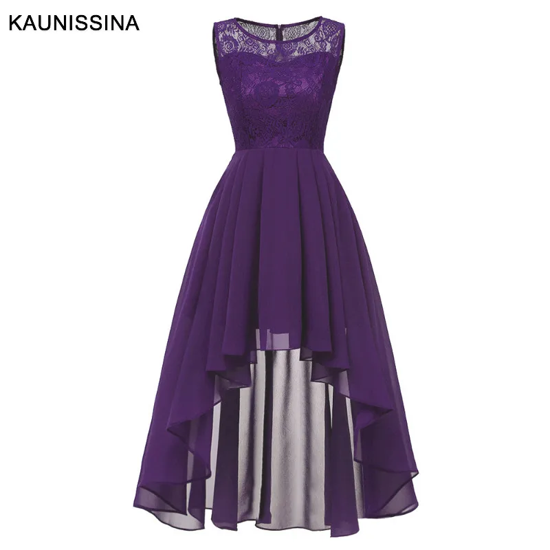 Purple KAUNISSINA, Женские коктейльные платья, асимметричное шифоновое кружевное платье для банкета, сплошное платье на молнии сзади, платья для выпускного вечера - Цвет: Purple