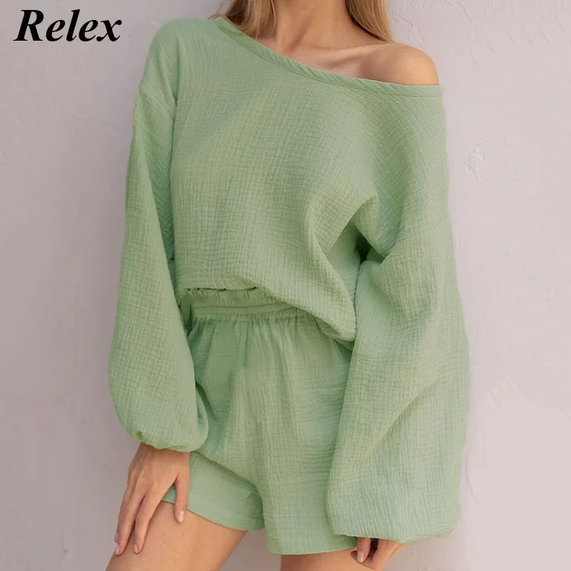 

Spring Summer New Style Long-Sleeved Shorts Pajamas Suit Women Double-Layer Gauze Solid Color Casual Loose Round Neck Home Wear
