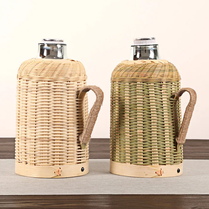 1600ml Handmade Bamboo Weaving Thermos Bottle Pot For Hot Water With Cork Cover Handle Vacuum Flask Keep Warm Glass Inner Large