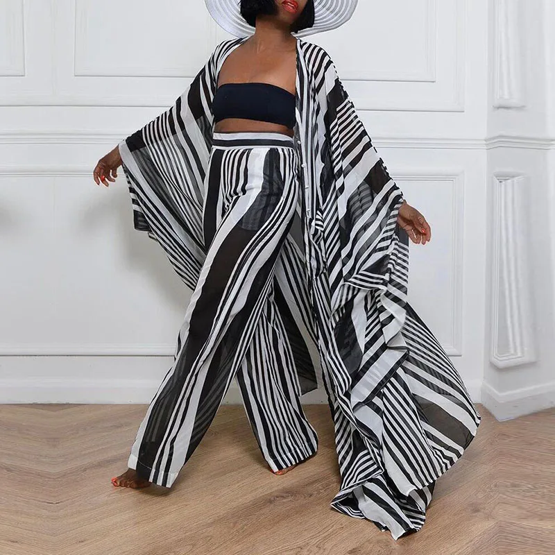 

Summer Casual Stripes outfits women's 2 Piece Set New Fashion Long Tops And Wide Pants Loose Suit Plus Size boho Sets For Ladies