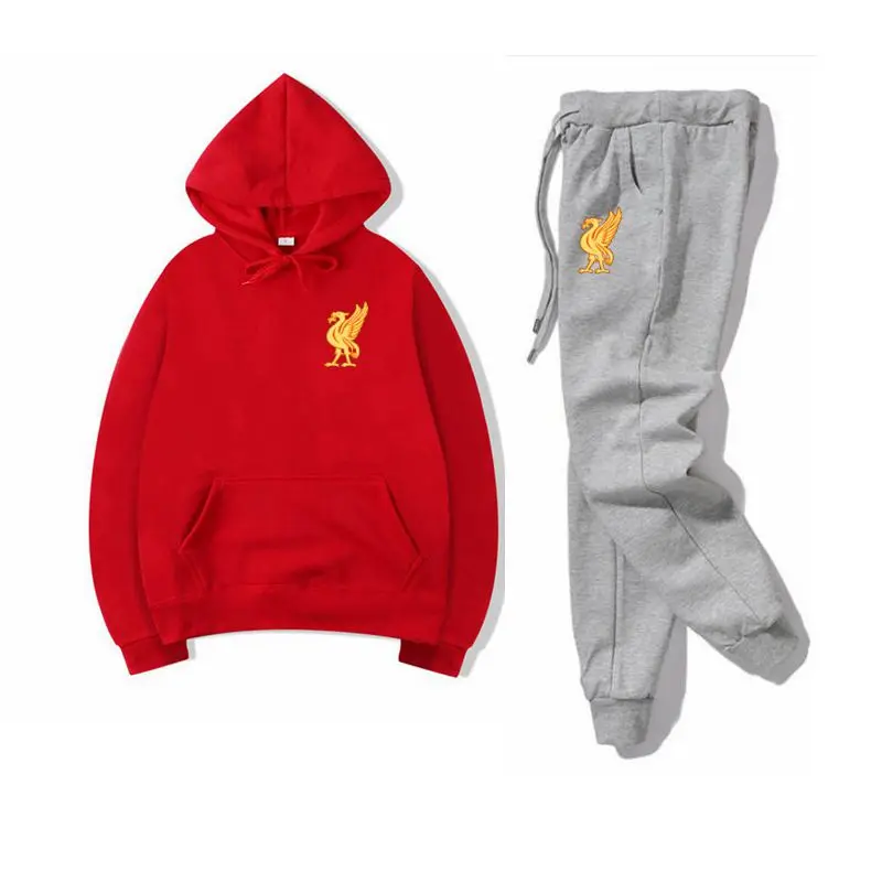 Red gray Спортивный костюм, модная спортивная одежда, комплект из двух предметов, хлопковая флисовая толстовка с капюшоном+ штаны, спортивный костюм для мужчин - Цвет: Red gray