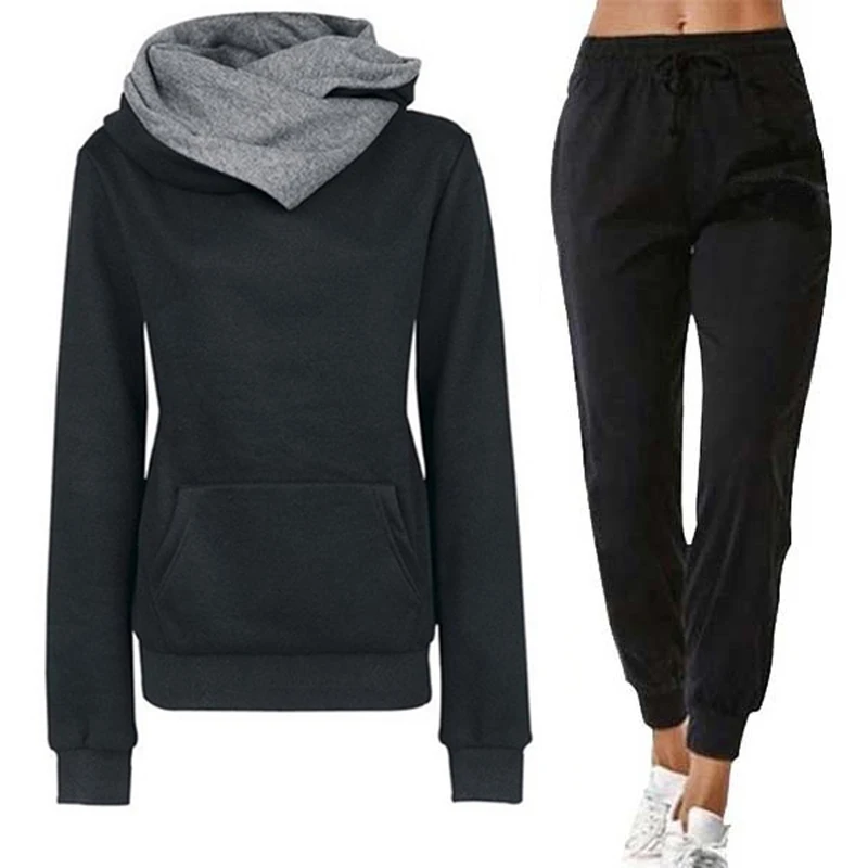 

Ladies Fashion Women's Double Collar Hoodie Suit Printed Casual Sweatshirt and Solid Color Sweatpants Outfits
