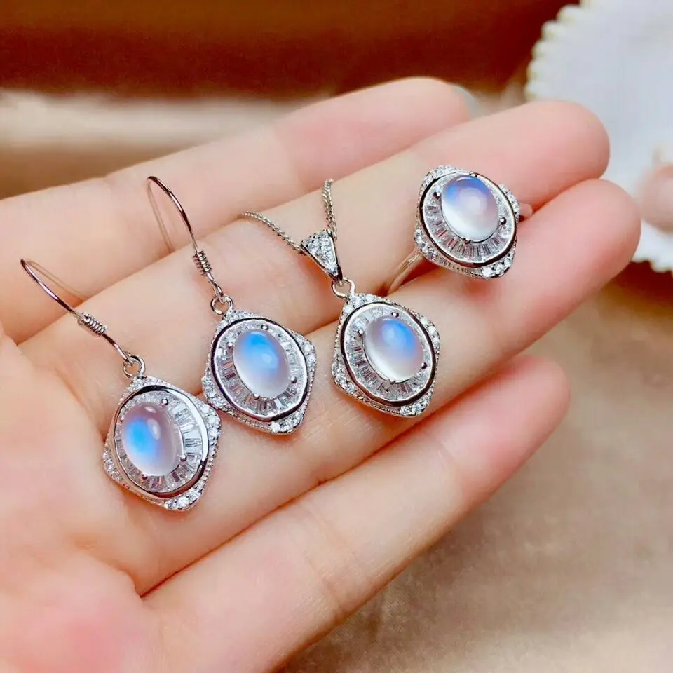 

MeiBaPJ Natural Moonstone Gemstone Earrings Ring Necklace 3-pieces Siut for Women Real 925 Sterling Silver Wedding Jewelry Set