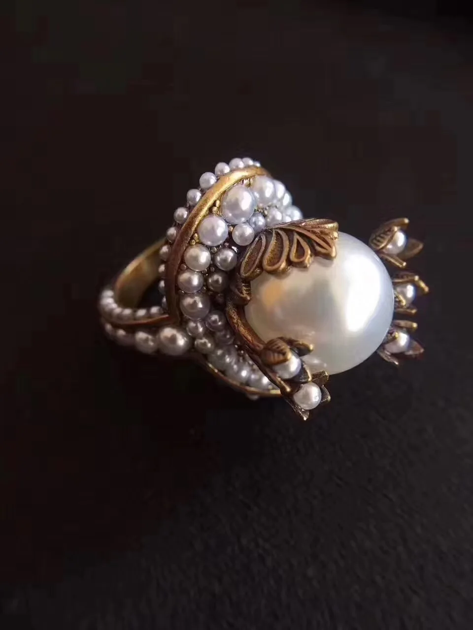 Brand design flower with glass pearl ring for women vintage style copper jewelry retro finger rings luxury brand fashion | Украшения и