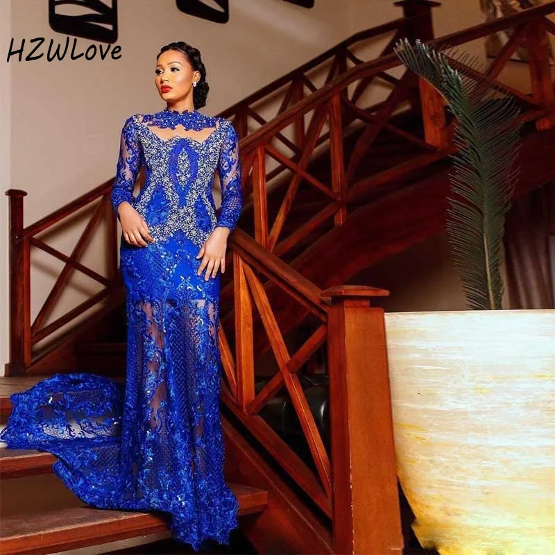 

Royal Blue Cut-out Mermaid Evening Dresses With Appliques Beads Sequins вечерние платья Full Sleeves Prom Dress Sheer Back