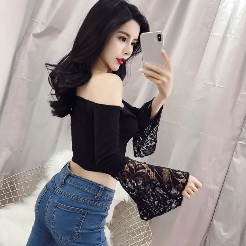 

Autumn Korean Style Retro Sexy Solid Color Lace Stitching Short Style One-Piece Neck Top T-Shirt Ladies Flared Sleeves Tshirts