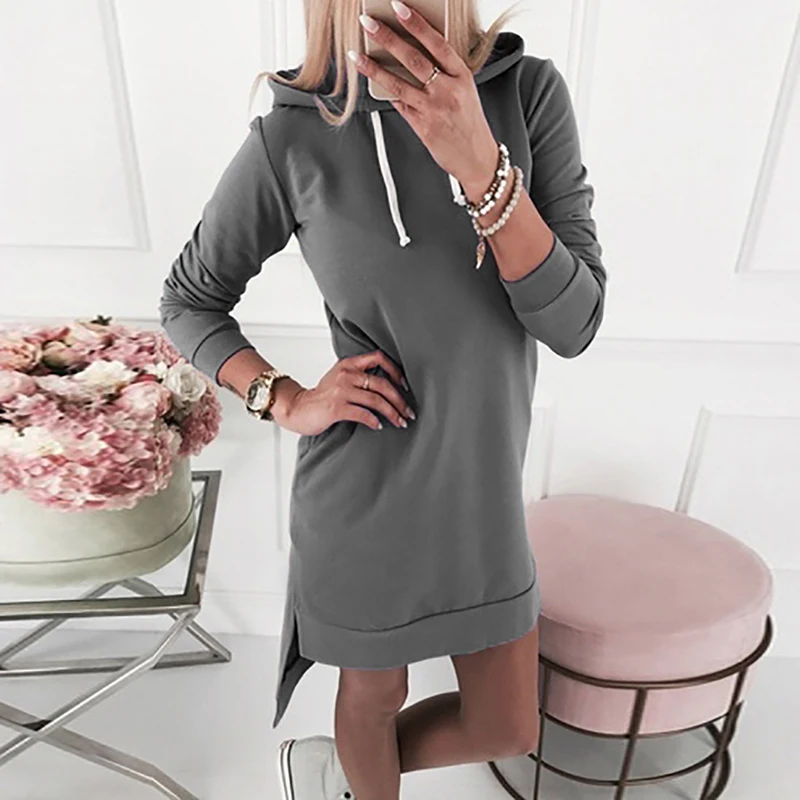 

Plus Size5XL Hooded Mid-Length Sweater Dress Slim Fit Solid Color Casual Loose Bodycon Sportswear Women Maxi Dresses Red SJ5380C