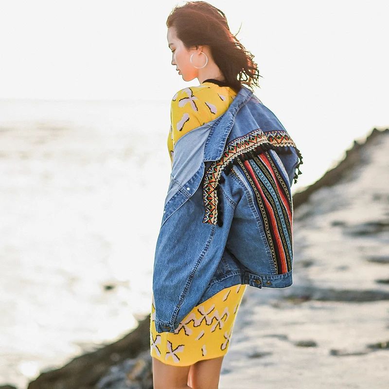 Boho вышивка джинсовые куртки для женщин с длинным рукавом Повседневная Верхняя