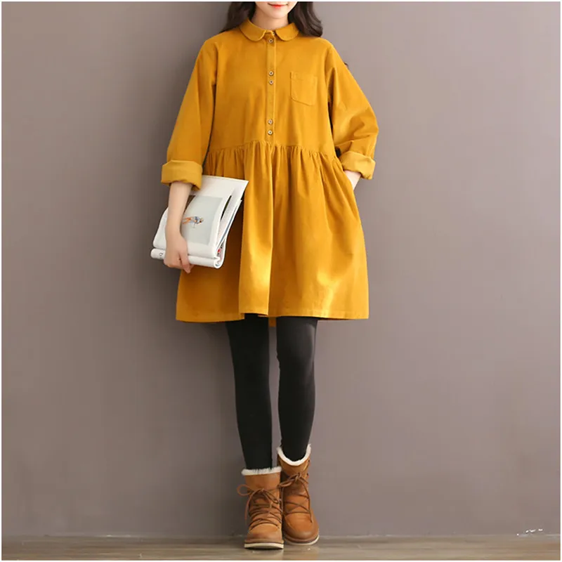 

Autumn Winter Mori Girl Women Mini Dress Peter Pan Collar Casual Loose Corduroy Dress Elegant Cute Kawaii Sweet All-Match Dress