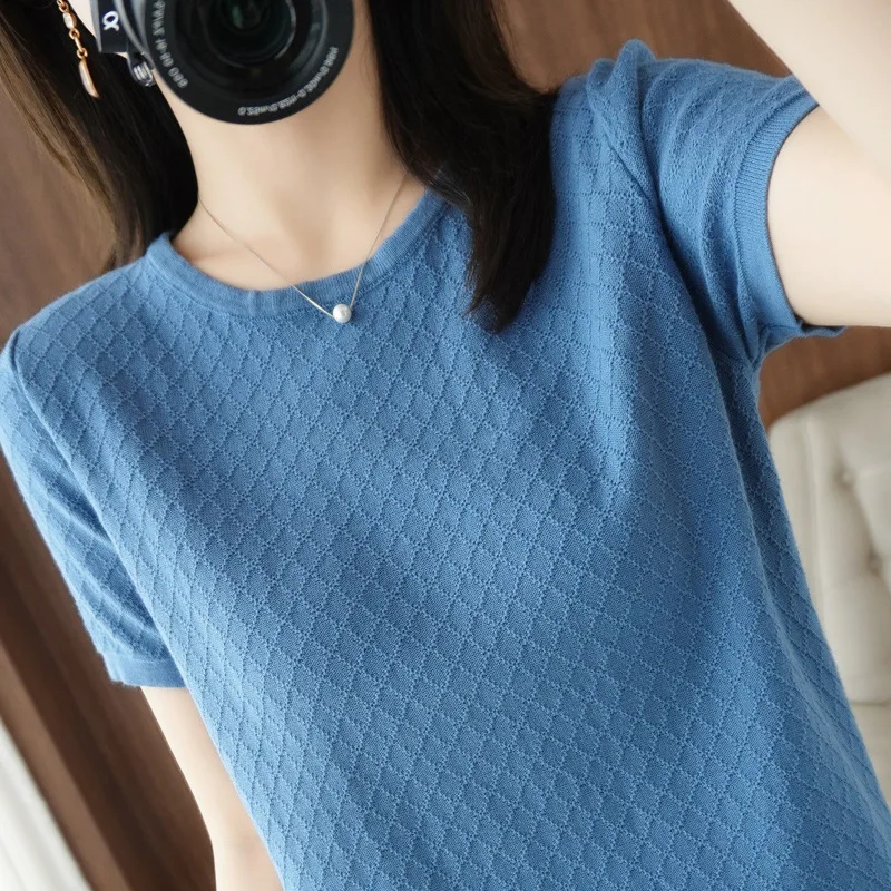 

6 Colors 2021 Summer New Women Ice Silk Thin Sweater Pullover Streetwear Loose Solid Color O-neck Short Sleeve T-shirt