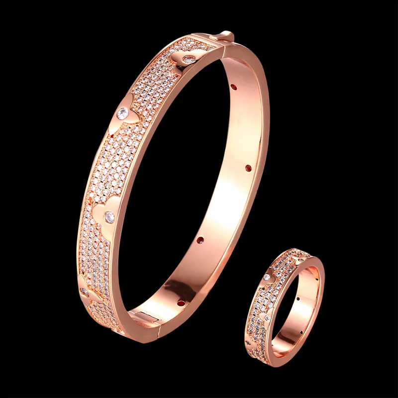 rose gold ring 7 Zlxgirl роскошный бренд Полный AAA кубический циркон браслет с кольцом Свадебные Ювелирные наборы модные женские вечерние парные наборы бижутерии - Окраска металла: rose gold ring 7