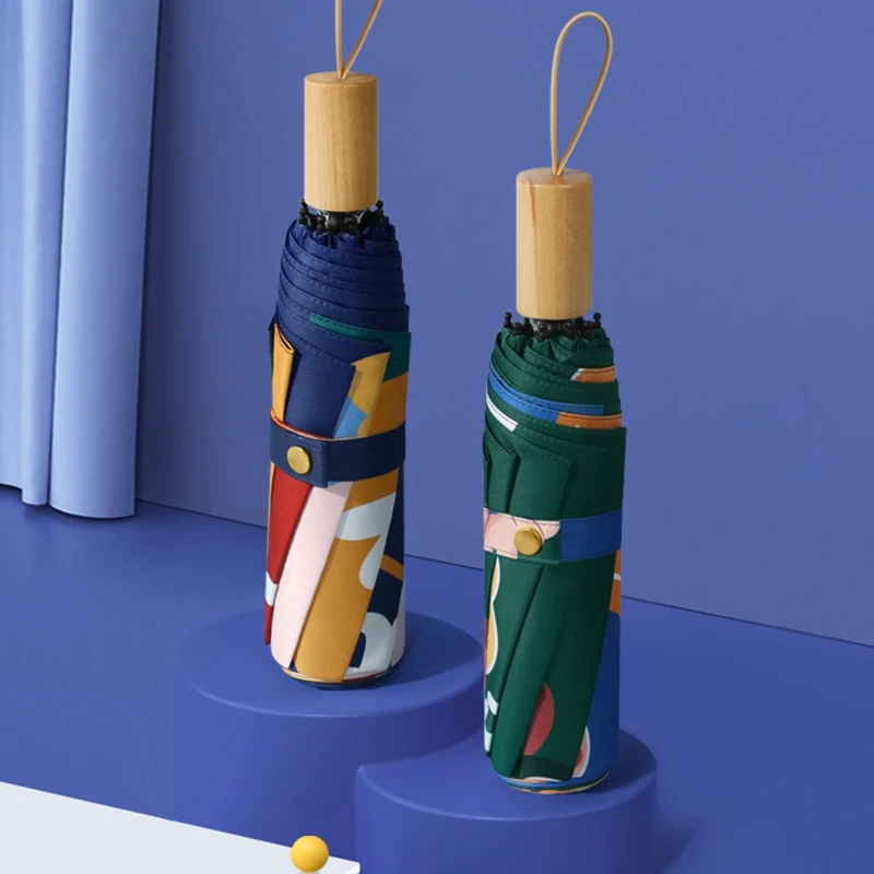 

Creative Cartoon Anime Girl Print Folding Umbrella with Wooden Handle 8 Ribs Threefold Rain Sun Protection Outdoor Portable Umbr