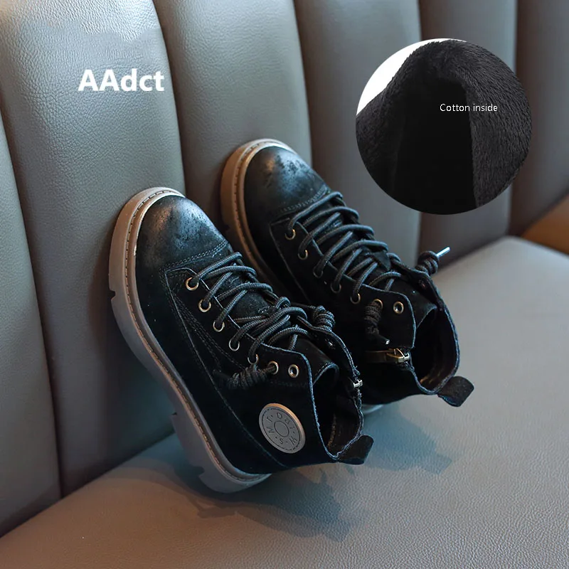 Black cotton AAdct/ г.; ботинки для девочек ручной работы; зимняя модная новая обувь для маленьких детей; кожаные детские ботинки Martin для мальчиков; брендовые теплые хлопковые ботинки - Цвет: Black cotton