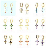 1 pair 925 sterling silver ear buckle hoop earrings for women luxury colorful zircon cross pendant huggies earrings jewelry a30