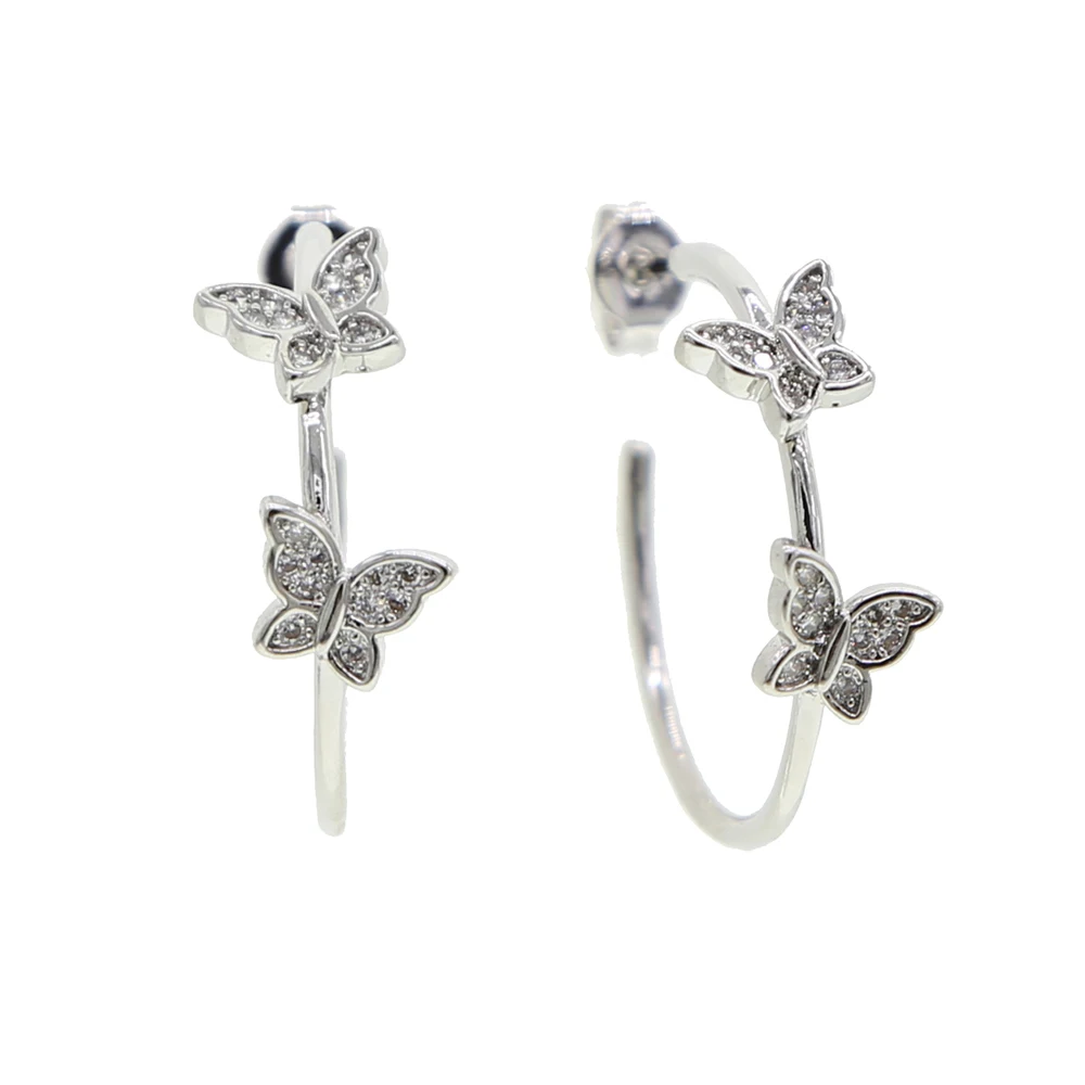 Женские серьги кольца с двойной бабочкой золотистые/Серебристые модные