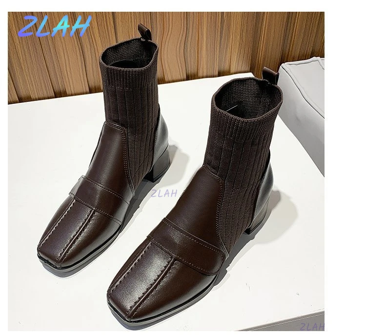 Новинка модные вязаные женские повседневные ботинки с квадратным носком