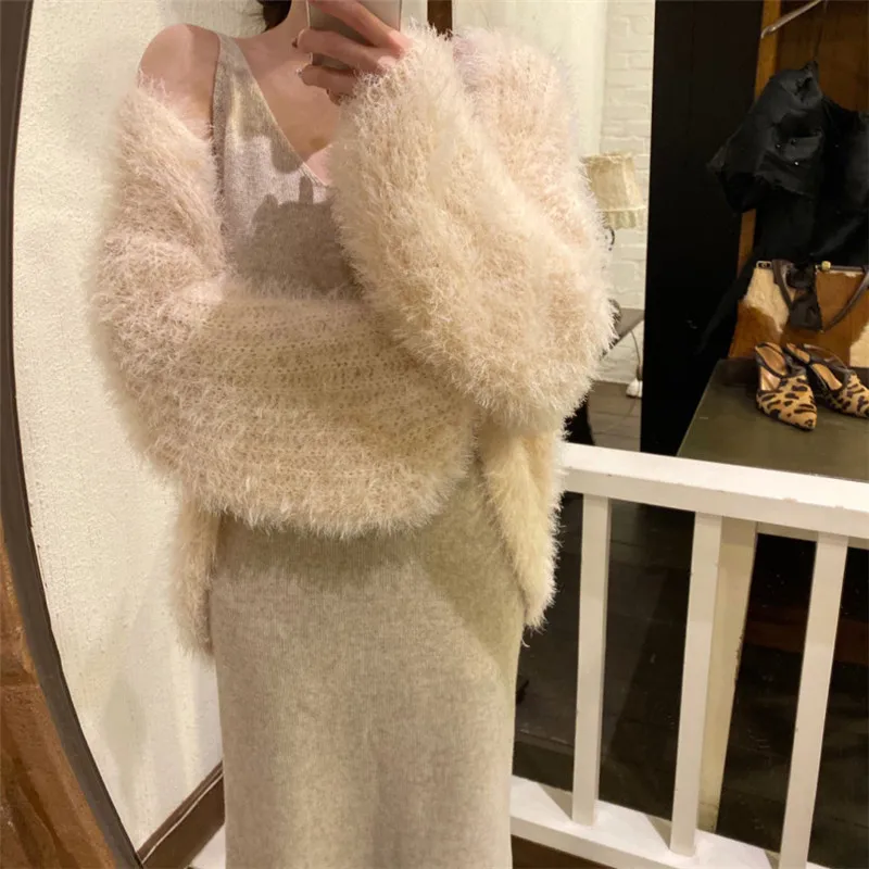 

2021 Autumn New Women Sweater Female Cardigan Coat Furry Puff Sleeves Elegant Solid Sweet Office Lady Casual All Match Tops