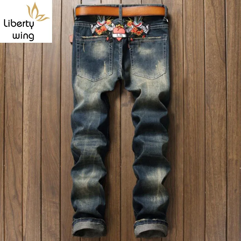 Джинсы мужские прямые с цветочным принтом модные облегающие повседневные штаны