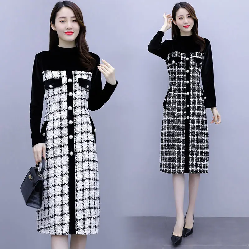 

Plaid Dress Autumn Long Sleeve Women Clothing 2021 New Slimming Temperament Fashion Casual Tweed Dress For Office Lady M615