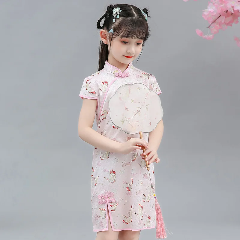 

Lovely Girls Summer Lace Cheongsam Dress Cute Princess Girls Flower Embroidery Dresses Kids Party Ball Gown Qipao Clothing