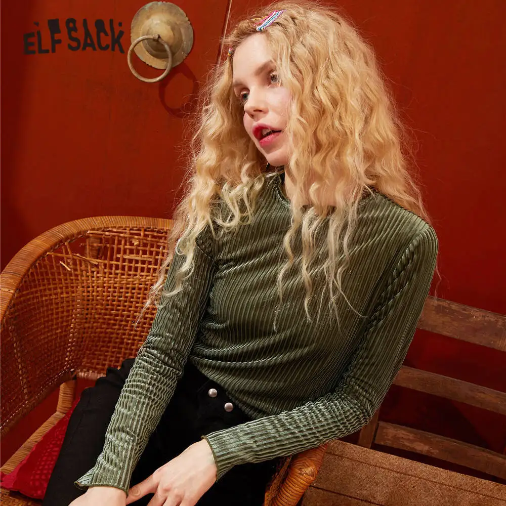 Женская Вельветовая футболка ELFSACK розовая однотонная Повседневная зеленого