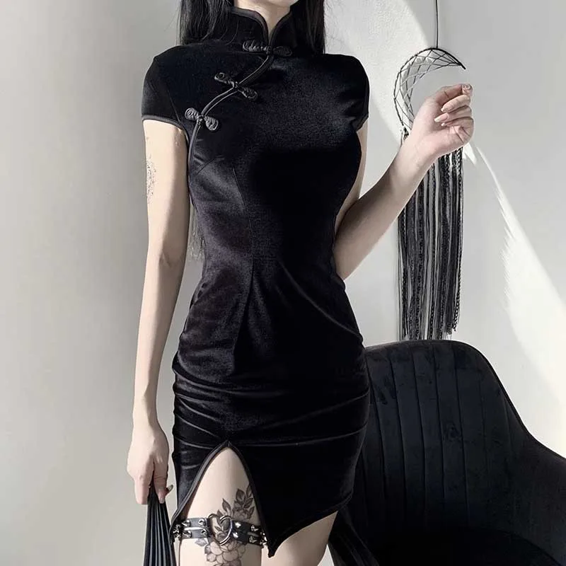 

2021Summer Women Clothing Slim Cheongsam Chinese Style Skinny Mini Dress Streetwear Sexy Vintage Harajuku Goth Dark Women Dress