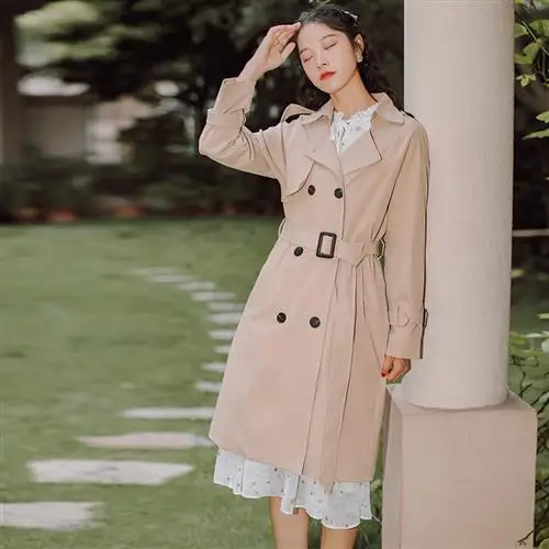 

Womens ElegantTemperament Trench Coat 2021 Spring Autumn New Ladies Loose Casual Double-breasted Turn-down Collar Solid Windcoat
