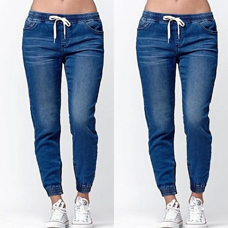 

Plus Size Women New Washed Jeans Solid Color Lace Up Mid Waist Skinny Denim Trousers Slim Pencil Trousers Fashion Long Pant