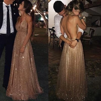 sexy spaghetti backless prom dress v neck rose gold sequin long champagne evening dress a line birthday ceremony party gown 2021
