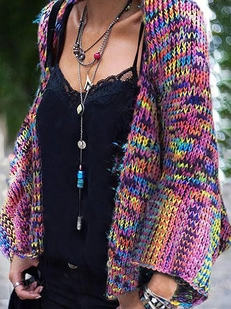 Rainbow Sweater Jacket female Fall/Winter Fashion Contrast Loose Warm Women Irregular Fringe Shawl Cape Cloak |