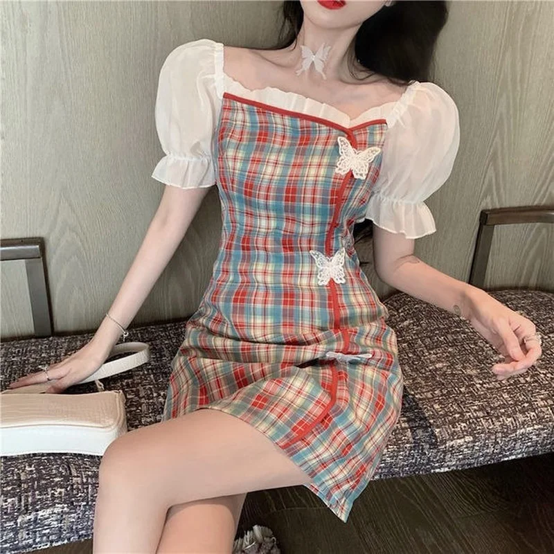 

Puff Sleeve Plaid Dress with Butterfly Decoration Summer Women Short Sleeve Cottagecore Dress Slim Waist Chi-pao Style Clothing