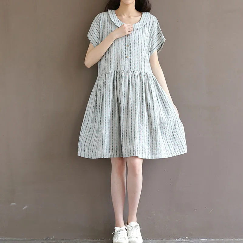 2020 Mori Girl Summer Women Casual Dress Peter Pan Collar Stripe Robe Femme Ete Short Sleeve Loose Cotton Linen Kawaii Dresses | Женская