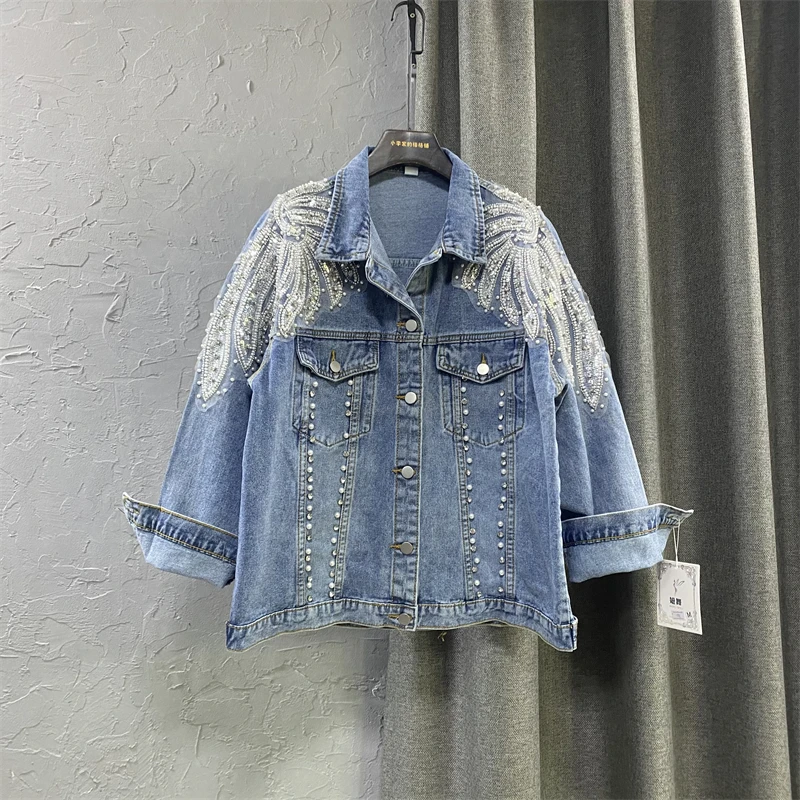 

2021 Autumn New Large Size Casual Jacket Top Exquisite Rhinestone Beaded Loose Denim Jackets Women Short Jean Coats Chaqueta